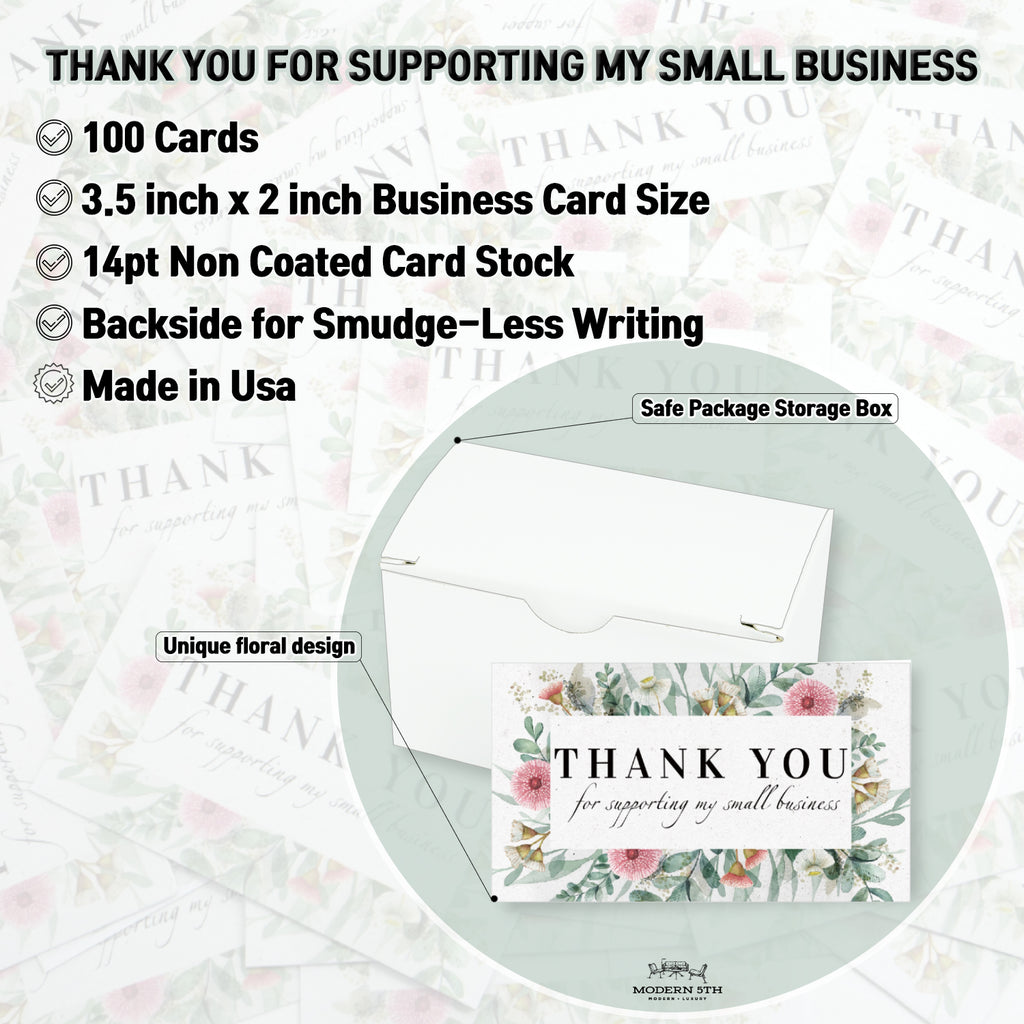 Modern 5th - Thank You for Supporting My Small Business Cards, Floral and Eucalyptus(3.5x2 Inches - 100 Business Card Sized) for Online, Retail Store, Handmade Goods, Customer Package Inserts and More
