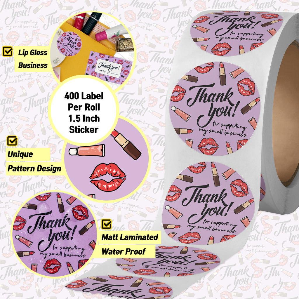Modern 5th - Thank You for Supporting My Small Business Sticker Labels, Lip and Lip Gloss Pattern (1.5" Round-400 Label Per Roll), Perfect for Online, Handmade Goods, Lip Gloss Packaging and More