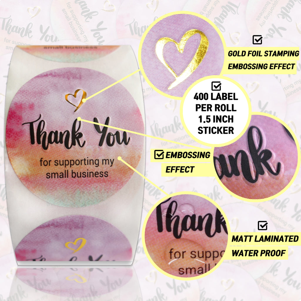Modern 5th - Thank You for Supporting My Small Business Sticker Labels, Watercolor with Golden Heart (1.5" Round-400 Label Per Roll), Perfect for Online, Retail Store, Handmade Goods, Bakery and More…