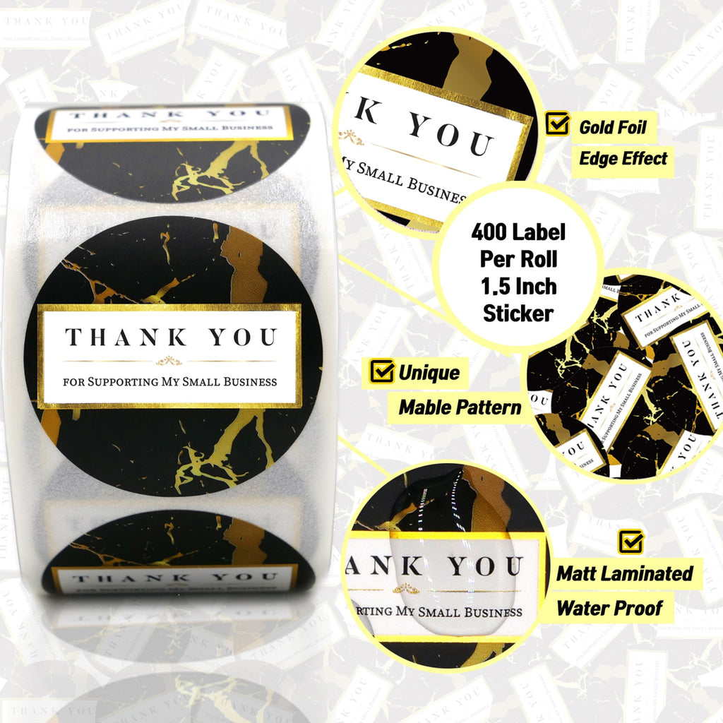 Modern 5th - Thank You for Supporting My Small Business Sticker Labels, Black Marble with Gold Foil (1.5" Round - 400 Label Per Roll), Perfect for Online, Retail Store, Handmade Goods, Bakery and More