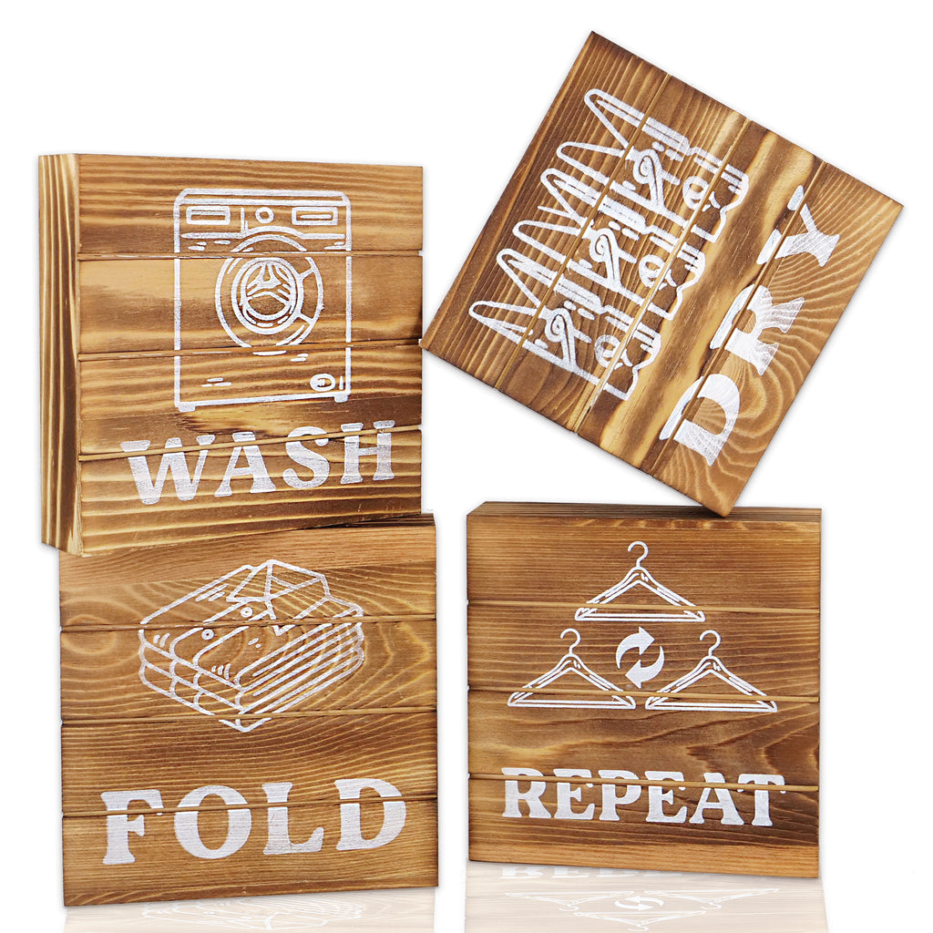 Modern 5th - Laundry Room Decor Farmhouse Style Wood Wall Signs (Set of 4 - 5.5 x 5.5 Inches), Wash Dry Fold Repeat