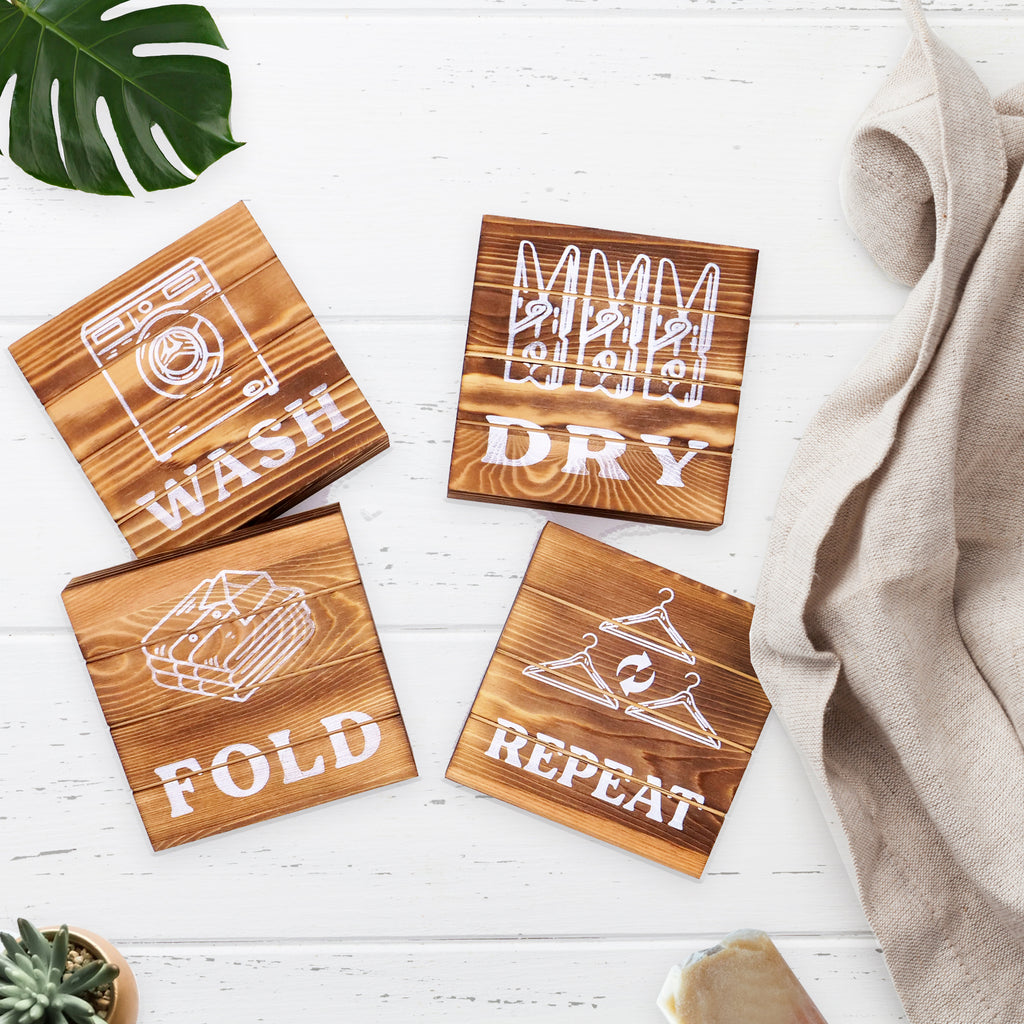 Modern 5th - Laundry Room Decor Farmhouse Style Wood Wall Signs (Set of 4 - 5.5 x 5.5 Inches), Wash Dry Fold Repeat