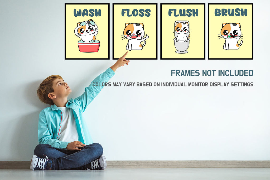 Modern 5th - Kids Bathroom Signs Cute Cat Print with Mini Wall Stickers (Set of 4 Unframed-8X10 Inches)