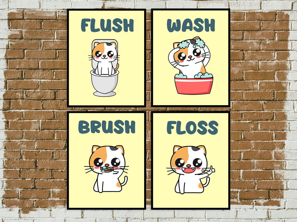 Modern 5th - Kids Bathroom Signs Cute Cat Print with Mini Wall Stickers (Set of 4 Unframed-8X10 Inches)