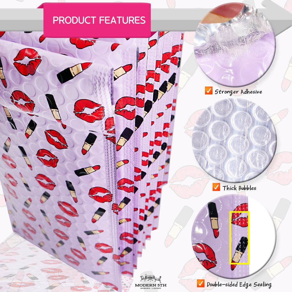 Modern 5th - Metallic Bubble Mailers 6X10 Inches, Lip Gloss Pattern Padded Envelope with Self Seal Packaging Bags for Small Business, Accessories, Cosmetics, Pack of 25 (Usable Size : 5.25X10 Inches)