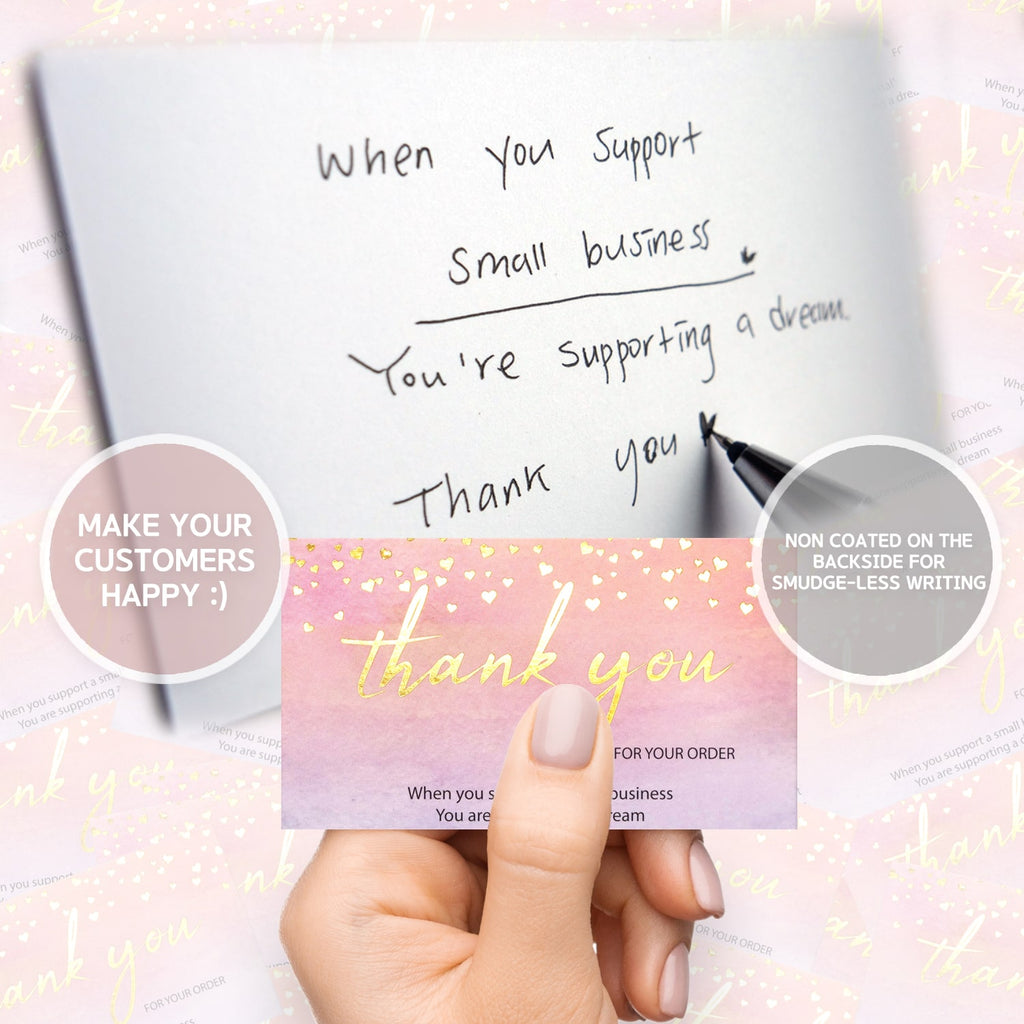 Modern 5th - Thank You for Supporting My Small Business Cards, Watercolor with Gold Foil Hearts (3.5 x 2 Inches-100 Business Card Sized) for Online, Retail, Handmade Goods, Package Inserts and More