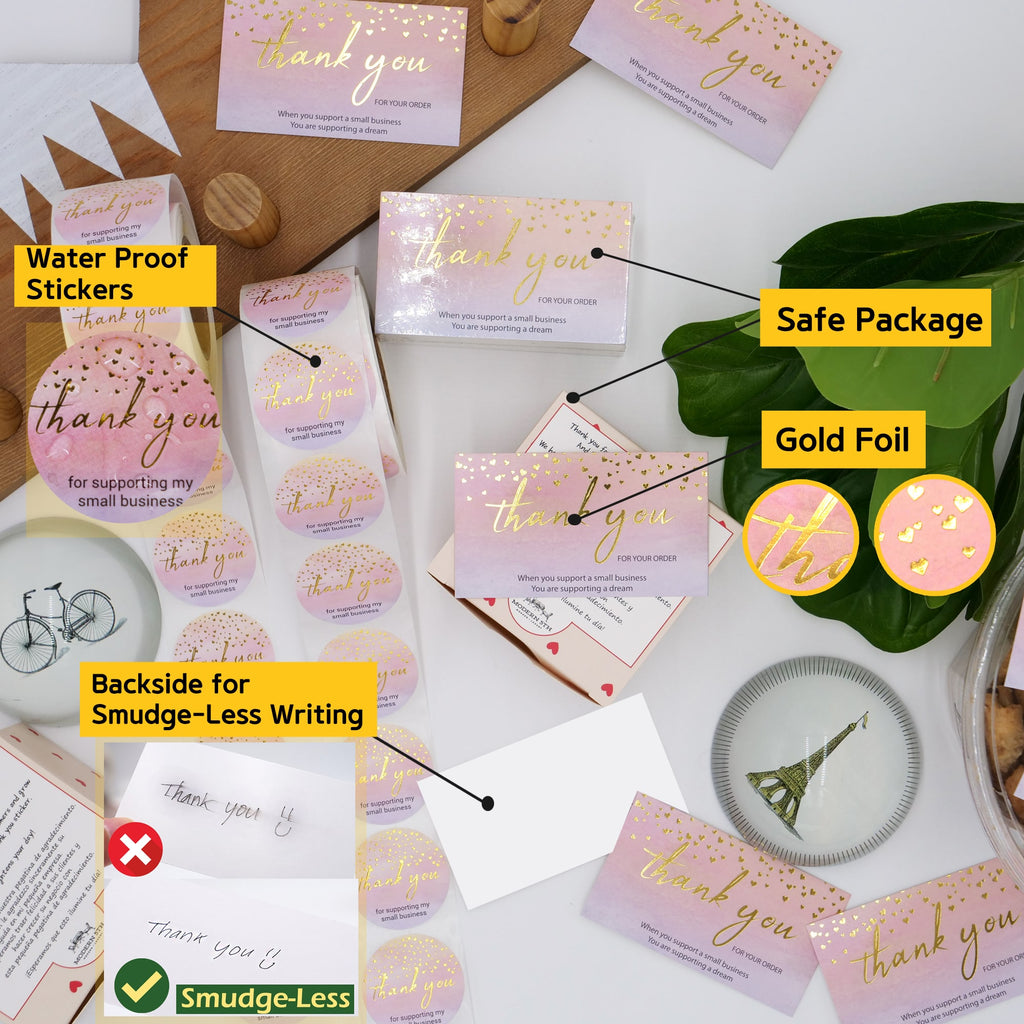 Modern 5th - 500PCS Thank You for Supporting My Small Business Cards and Stickers Set, Watercolor with Gold Foil Hearts (3.5x2 inches 100pcs Cards and 1.5" Round 400pcs Stickers) for Package Inserts