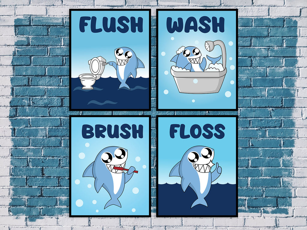 Modern 5th - Kids Bathroom Signs Cute Shark Wall Art Prints (Set of 4 Unframed - 8 X 10 Inches)